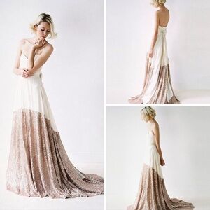 Truvelle Strapless Cream and Rose Gold Sequin Evening Gown